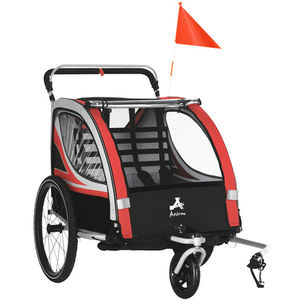 2-in-1 Double Baby Bike Trailer & Stroller – High-Visibility 2-Seater Child Wagon – Weather-Resistant Bicycle Trailer for Toddlers – Red