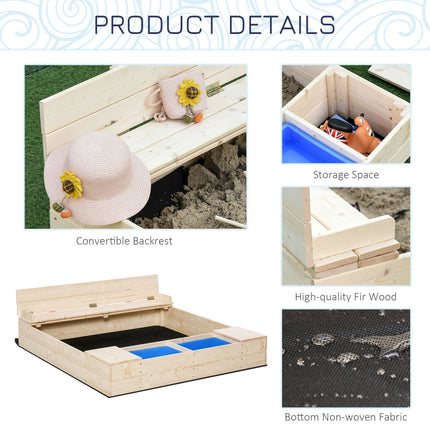 Kids Wooden Sandbox with 2 Storage Boxes – Foldable Bench Seats & Waterproof Cover – Outdoor Sandpit with Bottom Liner – Premium Backyard Playset
