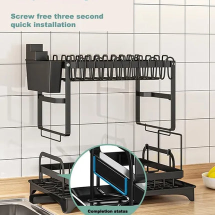 2-Tier Large Capacity Dish Drying Rack – Rustproof Kitchen Dish Rack with Drainboard – Space-Saving Utensil Holder & Cup Rack Set