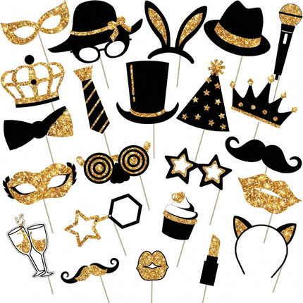 24-Piece Party Photo Booth Props – Fun DIY Selfie Accessories with Wooden Sticks for Birthdays, Weddings & Celebrations
