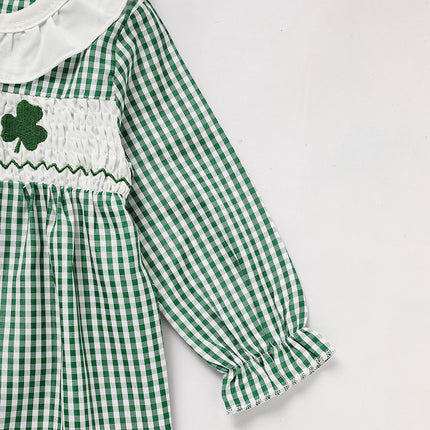 St. Patrick’s Day Baby Girl Romper – Green Plaid & Four-Leaf Clover Print Bodysuit – Long Sleeve Lucky Charm Outfit