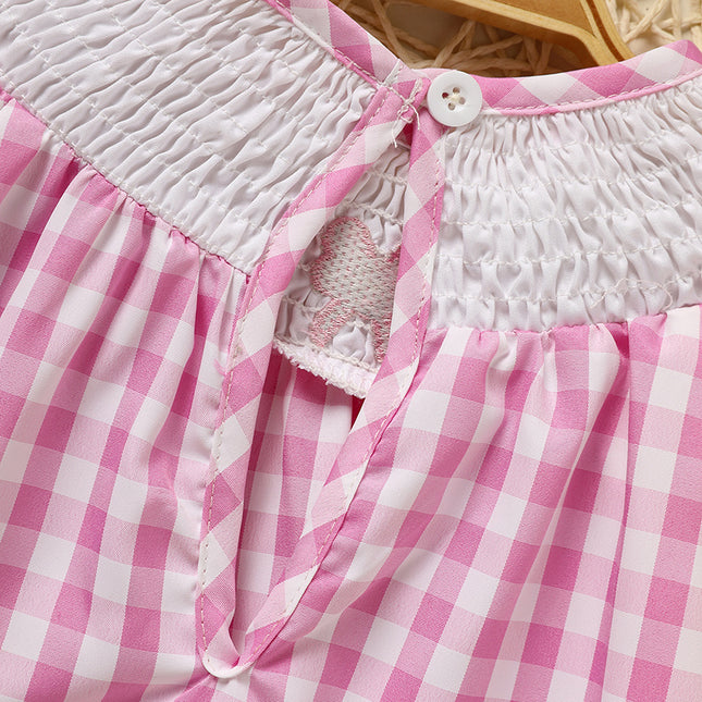 Baby Girl Valentine's Day Smocked Dress – Pink Plaid Heart Embroidery Party Outfit – Ruffle Sleeve Vintage Style Holiday Dress