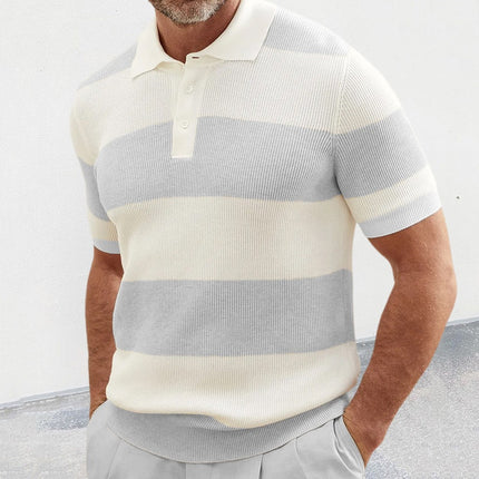 Men's Slim Fit Short Sleeve Polo Sweater – Lightweight Acrylic Knit Top – Stylish Color Block Lapel Shirt – Perfect for Summer Casual & Smart Casual Wear