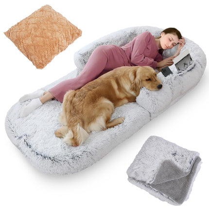 3-Piece Human Dog Bed Set – Includes Pillow & Blanket – 71"x45" Large Human-Sized Dog Bed for Adults, Kids & Pets – Machine Washable & Foldable (Grey)