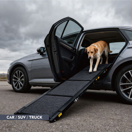 71" Extra Long Dog Ramp for Large Dogs – Portable Folding Car Ramp for SUVs & Trucks – Non-Slip Rug Surface – Supports up to 250lbs