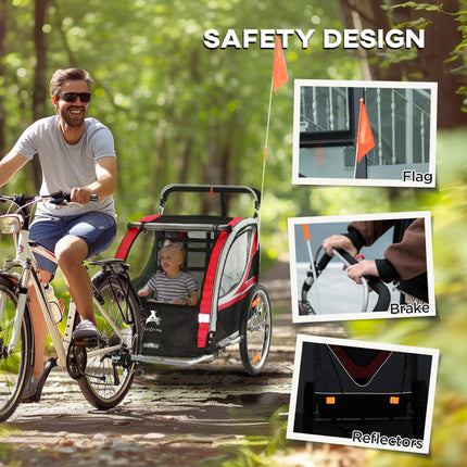 2-in-1 Double Baby Bike Trailer & Stroller – High-Visibility 2-Seater Child Wagon – Weather-Resistant Bicycle Trailer for Toddlers – Red