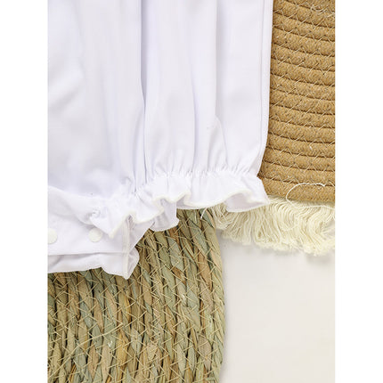 Baby Girl White Lace Smocked Romper – Vintage Floral Embroidery Bubble Jumpsuit – Elegant Wedding & Christening Outfit