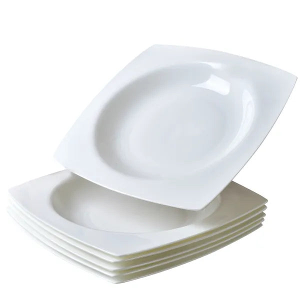 Square Ceramic Dinner Plate Set of 6 – Elegant White Bone China Salad Plates for Fine Dining & Family Gatherings