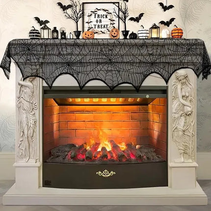 Halloween Black Lace Spiderweb Fireplace Mantle Scarf – Spooky Cobweb Table Runner for Haunted House Decor & Holiday Parties