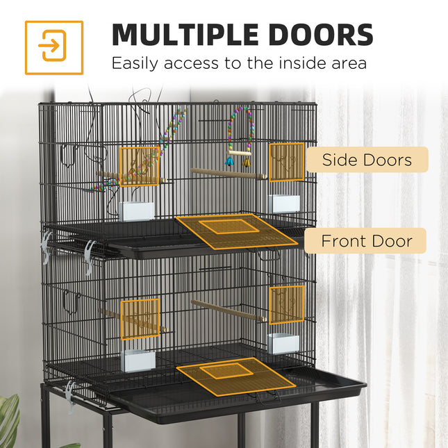 Double Stackable Bird Cage with Rolling Stand – 2-Tier Wrought Iron Flight Cage for Canaries & Finches – Detachable Breeding Cage on Wheels