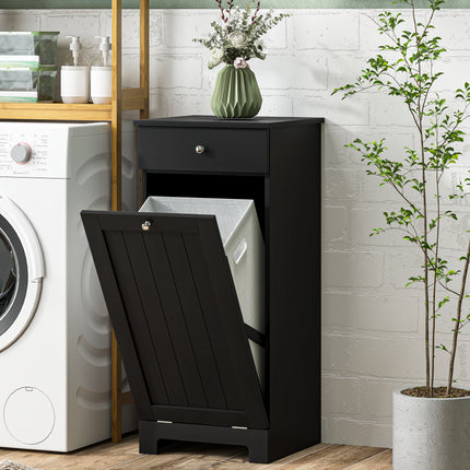 Tilt-Out Laundry Hamper Cabinet – Wooden Bathroom Storage Organizer with Drawer and Removable Basket – Elegant Black Finish