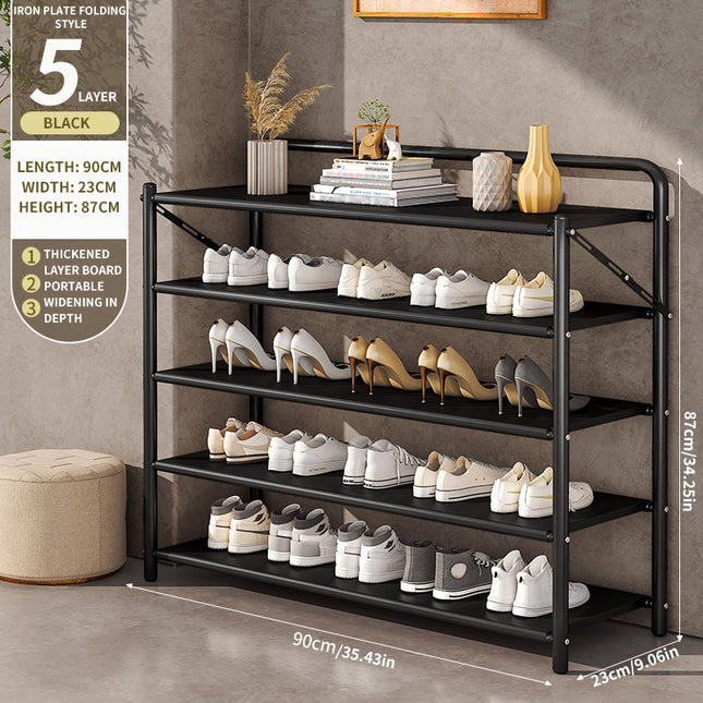 90cm Wide Folding Metal Shoe Rack – 5/6 Tier Heavy-Duty Iron Plate Shoe Organizer – No-Assembly Industrial Shoe Shelf, Black