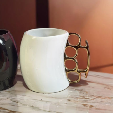 Gold Knuckle Handle Coffee Mug – Black & White Ceramic Novelty Cup – Unique Christmas & Birthday Gift for Men, Dad, or Boss – 12oz Tough Guy Mug