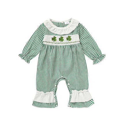 St. Patrick’s Day Baby Girl Romper – Green Plaid & Four-Leaf Clover Print Bodysuit – Long Sleeve Lucky Charm Outfit