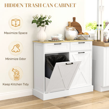White Farmhouse Tilt-Out Trash Can Cabinet – 10 Gallon Hidden Waste Bin Holder – Modern Wooden Kitchen Island with 2 Storage Drawers