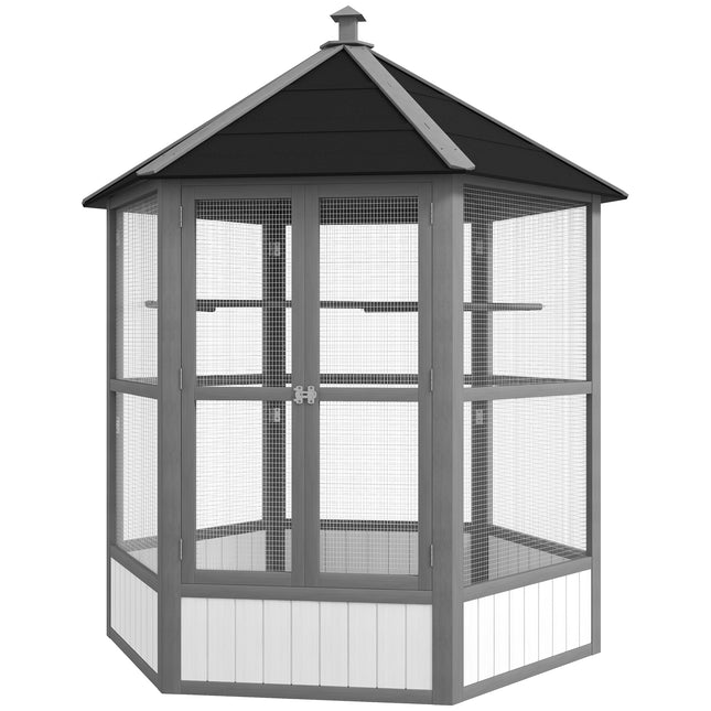 69" Modern Light Gray Wooden Aviary – Hexagonal Outdoor Bird Flight Cage with Weatherproof Roof – Elegant Large Bird House