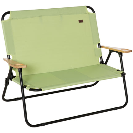 Double Folding Camping Chair - 2-Person Portable Loveseat - Forest Green Outdoor Couch with Wood Armrests & Cup Holders