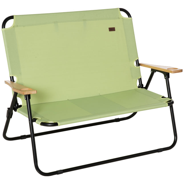 Double Folding Camping Chair - 2-Person Portable Loveseat - Forest Green Outdoor Couch with Wood Armrests & Cup Holders