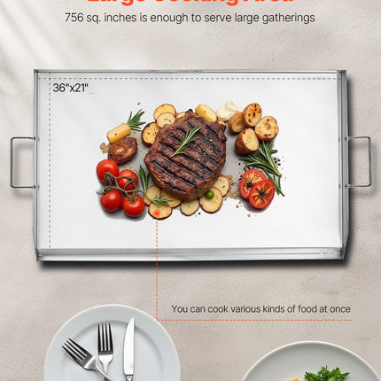 36x22" Jumbo Stainless Steel Flat Top Griddle – Universal BBQ Grill Pan for Large Events – Built-in Grease Well