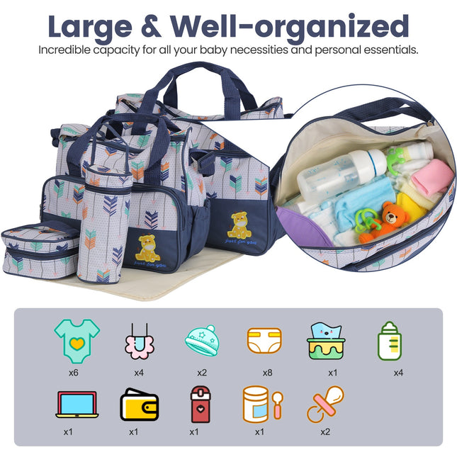 5-Piece Baby Diaper Bag Set – Multi-Functional Mummy Travel Handbag Bundle with Diaper Pad, Bottle Bag, and Food Bag