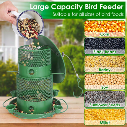 All-Metal Squirrel-Proof Bird Feeder – Chew-Proof Hanging Seed Dispenser with 360° Circular Perch & Integrated Water Cups – Heavy Duty Outdoor Feeder