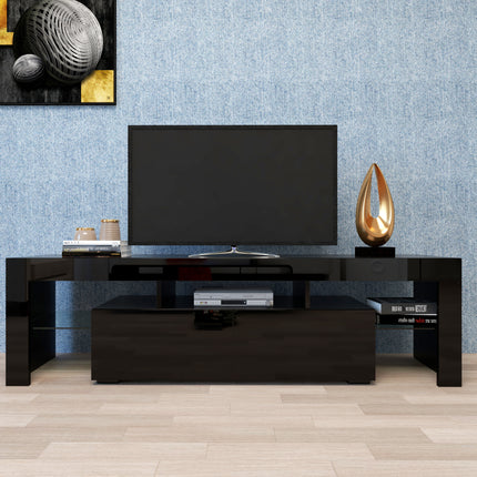 Modern Black TV Stand with 20-Color LED Lights – High Gloss Entertainment Center with Remote Control – Sleek Media Console for TVs up to 65"