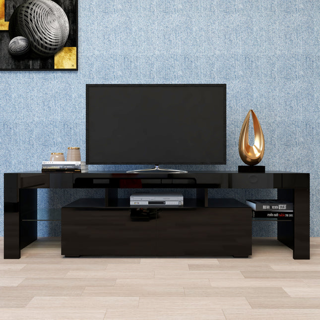 Modern Black TV Stand with 20-Color LED Lights – High Gloss Entertainment Center with Remote Control – Sleek Media Console for TVs up to 65"