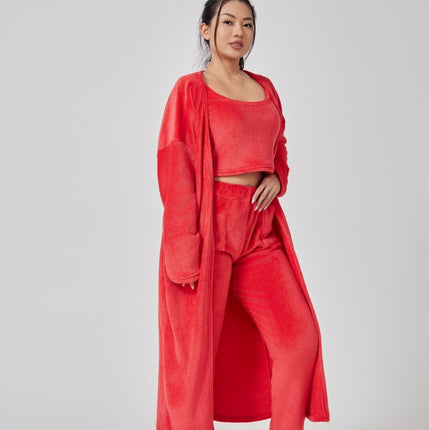 3-Piece Fluffy Lounge Set – Ultra-Soft Plush Knit Pajama Set – Cozy Crop Top, High Waist Pants & Long Cardigan Trio – Winter Warm Sleepwear
