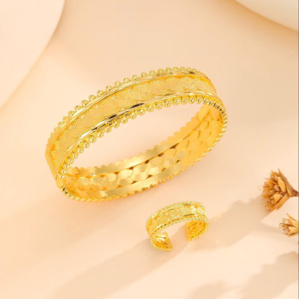 2Pcs Vintage Gold Plated Jewelry Set – Adjustable Open Cuff Bracelet & Matching Ring – Textured Metallic Jewelry for Women’s Festivals & Weddings