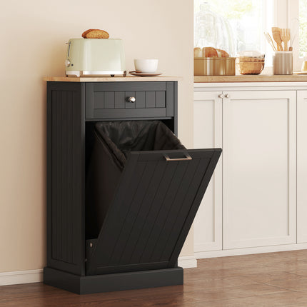 Compact Tilt-Out Trash Bin Cabinet – Single Drawer Hidden Garbage Holder – Black Wooden Recycling Cabinet for Small Kitchens & Laundry Rooms