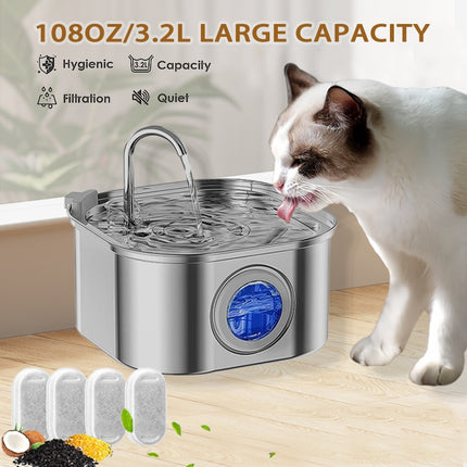 3.2L Stainless Steel Cat Water Fountain – 108oz Automatic Dog Water Dispenser with Water Level Window – Ultra-Quiet Filtered Drinking Fountain