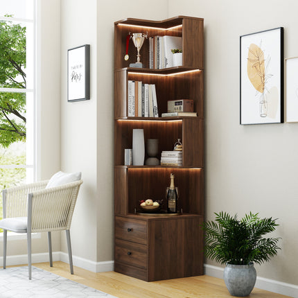 Walnut Corner Bookshelf with LED Lights – 4-Tier L-Shaped Display Stand with Drawers for Living Room & Home Office