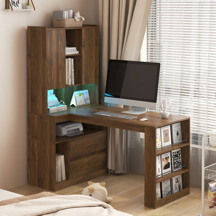 L-Shaped Computer Desk with LED Lights & Storage Drawers – Modern Corner Desk with Bookshelf – Reversible Gaming Desk & Home Office Workstation