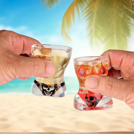 Creative 3D Body Shape Shot Glasses – 2pcs Set: Black Muscle Man & Red Bikini Skull Style – Unique Barware Gift for Parties & Halloween