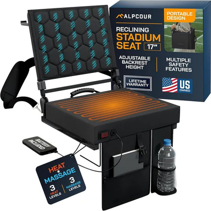 Heated Massage Reclining Stadium Seat – Portable Padded Bleacher Chair with Back Support for Sports Fans & Outdoor Events