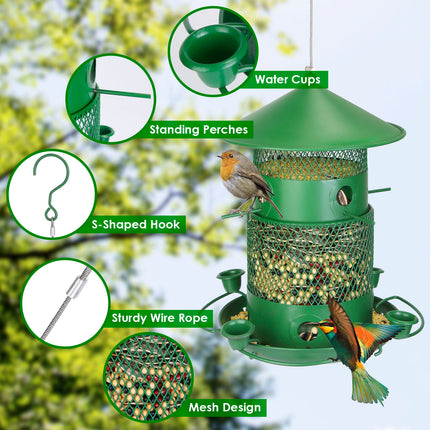 All-Metal Squirrel-Proof Bird Feeder – Chew-Proof Hanging Seed Dispenser with 360° Circular Perch & Integrated Water Cups – Heavy Duty Outdoor Feeder
