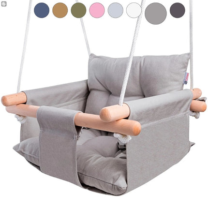 Premium Canvas & Wooden Baby Swing – Indoor/Outdoor Hanging Seat with Safety Belt – Modern Boho Infant Swing Chair – Taupe Gray