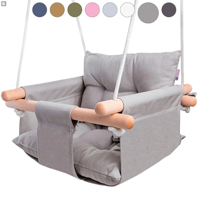 Premium Canvas & Wooden Baby Swing – Indoor/Outdoor Hanging Seat with Safety Belt – Modern Boho Infant Swing Chair – Taupe Gray