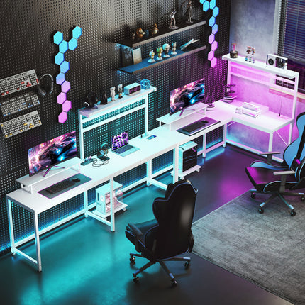 61.6" L-Shaped Gaming Desk with LED Lights & Power Outlets – White Computer Desk with Monitor Stand, CPU Shelf & Headphone Hook – Corner Workstation for Home Office & Gaming
