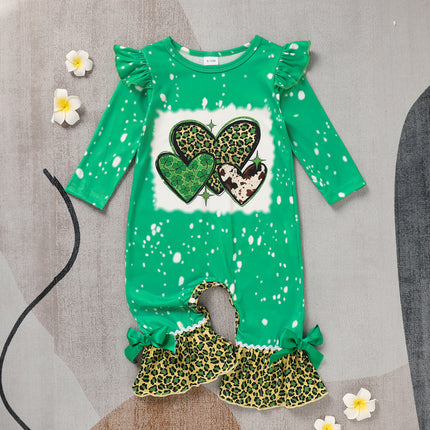 Baby Girl St. Patrick’s Day Flare Romper – Green Clover & Leopard Print Jumpsuit – Ruffle Sleeve Bell Bottom Onesie
