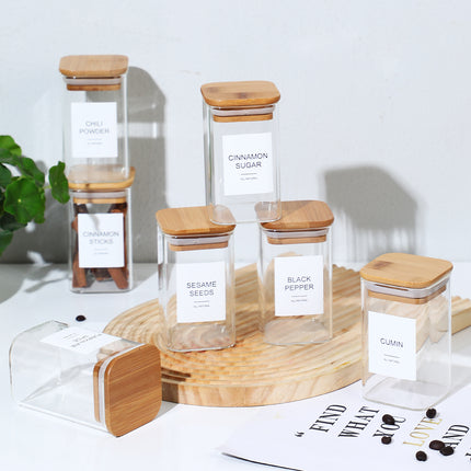 Minimalist 24-Pcs Spice Organizer Set – High-Quality Glass Jars with Natural Bamboo Lids & Collapsible Funnel