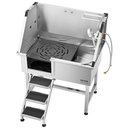 38-Inch Professional Stainless Steel Dog Grooming Tub – Pet Wash Station with Walk-In Stairs, Left Door & Faucet Set