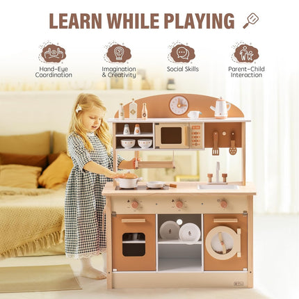 Robud™ Large Wooden Kitchen Playset for Kids – Deluxe Pretend Play Toy with Realistic Sound Knobs & Accessories – Toddler Early Education Gift