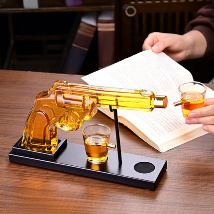 Luxury Whiskey Gun Decanter Set with Mahogany Wooden Stand – 2 Bullet Embedded Glasses – Unique Pistol Liquor Dispenser Gift for Dad, Husband & Men