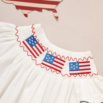 Baby Girl 4th of July Smocked Bubble Romper – American Flag Embroidery Fly Sleeve Bodysuit – Patriotic Summer Outfit