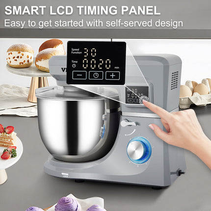 Professional Dough Mixer Machine – 7.4 Quart High Capacity Stand Mixer – 6-Speeds & LCD Timing Control – Includes Dough Hook, Whisk & Beater