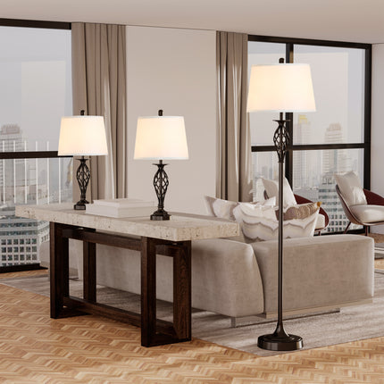 3-Piece Matching Lamp Set – 1 Floor Lamp and 2 Table Lamps – Classic Living Room & Bedroom Lighting Bundle with Fabric Shades