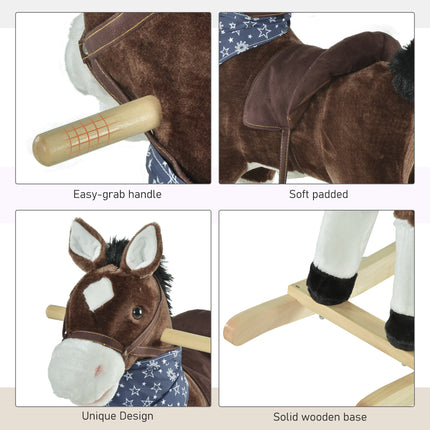 Plush Cowboy Rocking Horse – Wooden Ride-On Toy with Realistic Neighing & Galloping Sounds – Soft Brown Pony for Toddlers 3-6 Years