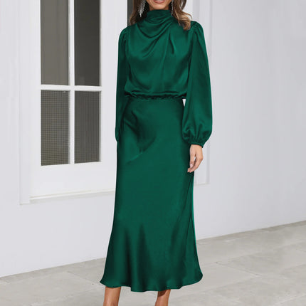 Women's Long Sleeve Matte Satin Midi Dress with Elastic Waist