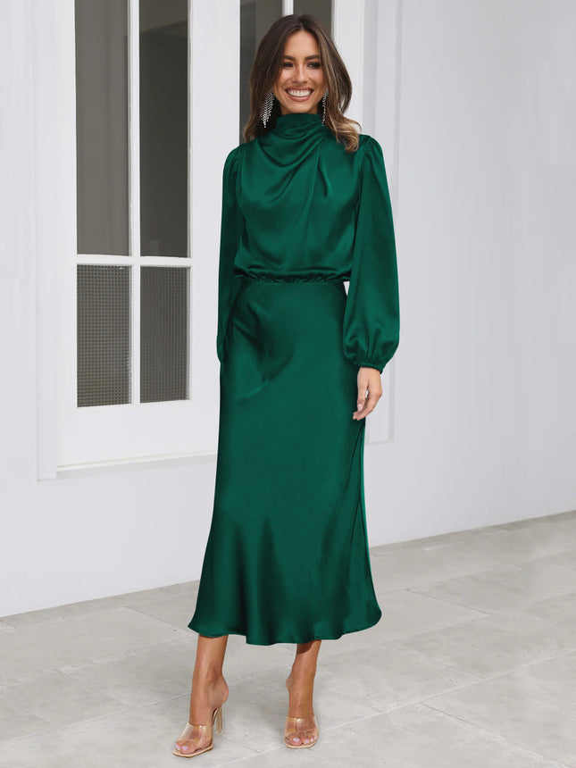 Women's Long Sleeve Matte Satin Midi Dress with Elastic Waist